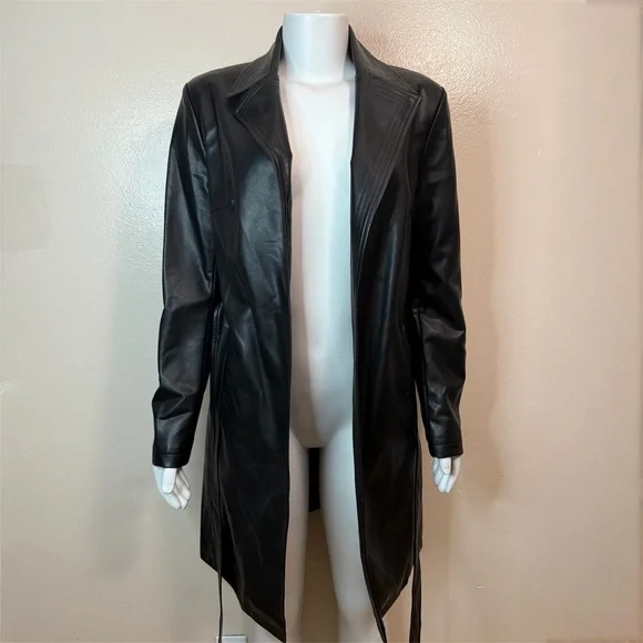 Black faux leather lapel collar belted open front trench coat - Picture 8 of 15